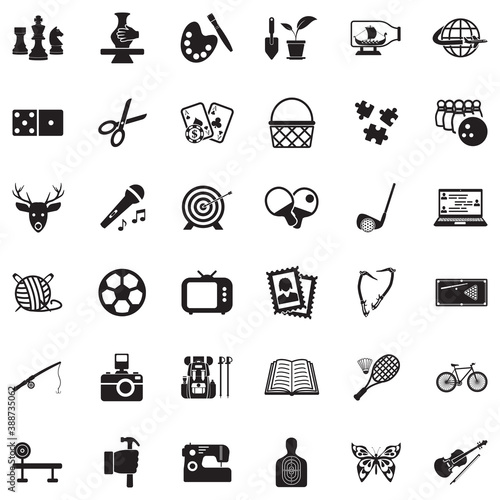 Hobbies Icons. Black Flat Design. Vector Illustration.
