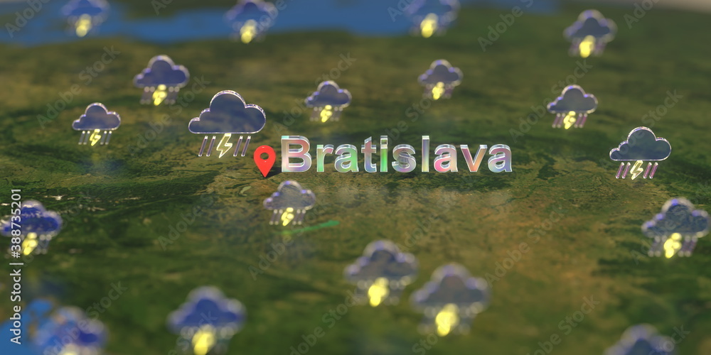 Bratislava city and stormy weather icon on the map, weather forecast related 3D rendering Bratislava city and stormy weather icon on the map, weather forecast related 3D rendering