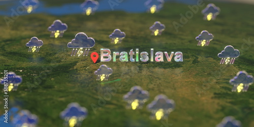Photography Bratislava city and stormy weather icon on the map, weather forecast related 3D