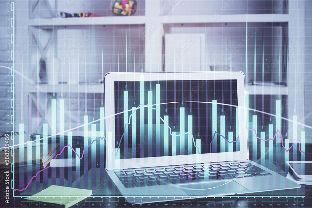 Stock market graph and table with computer background. Multi exposure. Concept of financial analysis. Stock market graph and table with computer background. Multi exposure. Concept of financial analysis.