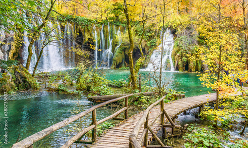 Autumn landscape with waterfall in Plitvice lakes national park, Croatia