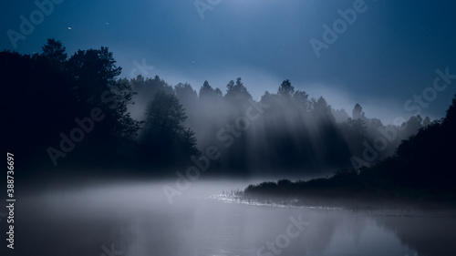 Obraz na plátne Mist over the river, moonlit night, fog
