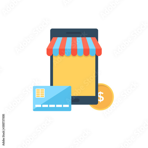
A dollar sign and credit card in front of shop graphic depicting payment methods 
