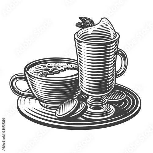 Cup of coffee and dessert in a glass.
Vintage hand drawn illustration.  Retro style.  