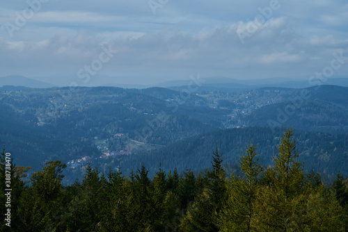 Panorama of Krkonose mountains and Harrachov from Certova Hora