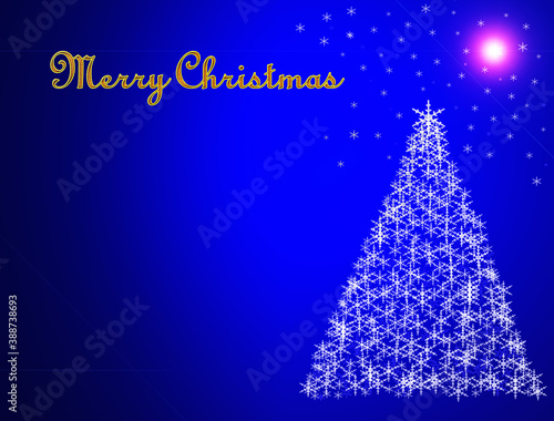 Background with the inscription Merry Christmas and a Christmas tree made of snowflakes