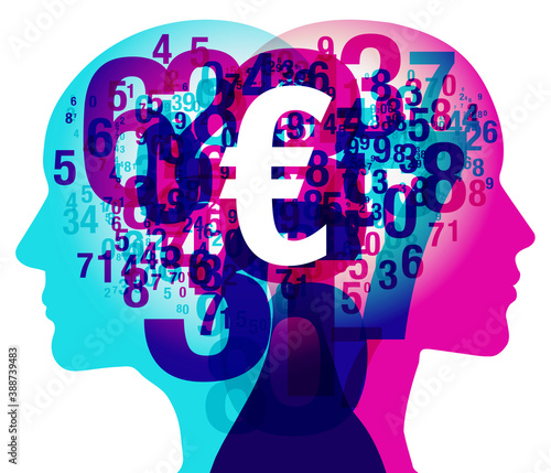 A male and female side silhouette positioned back to back, overlaid with various sized semi-transparent numbers. Overlaid across the centre is a white “Euro” currency symbol.