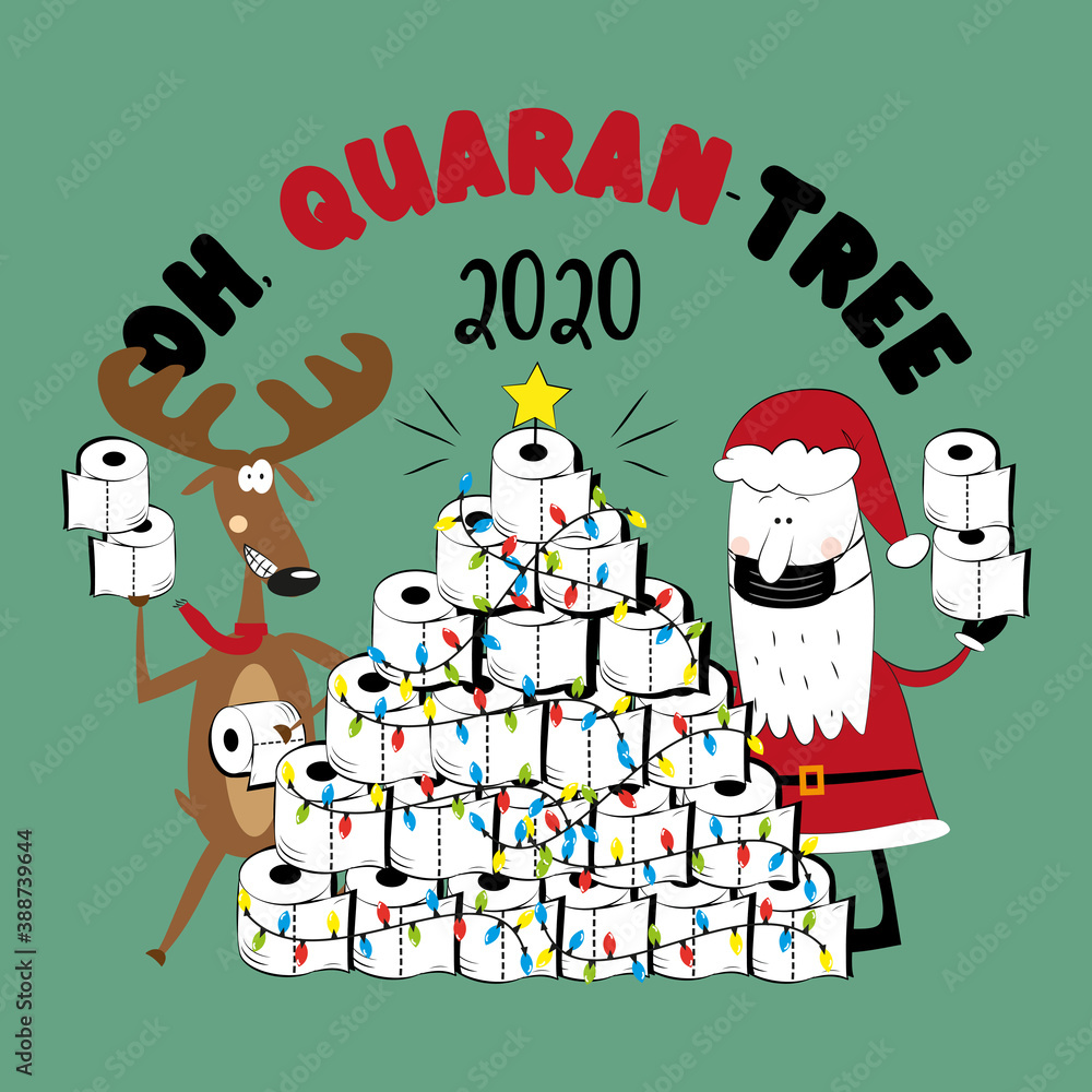 Naklejka premium Oh, Quarant-tree 2020 - Funny reindeer and Santa Claus in facemask and toilet paper christmas tree. For greeting card, poster textile print, for Christmas in covid-19 pandemic self isolated period.