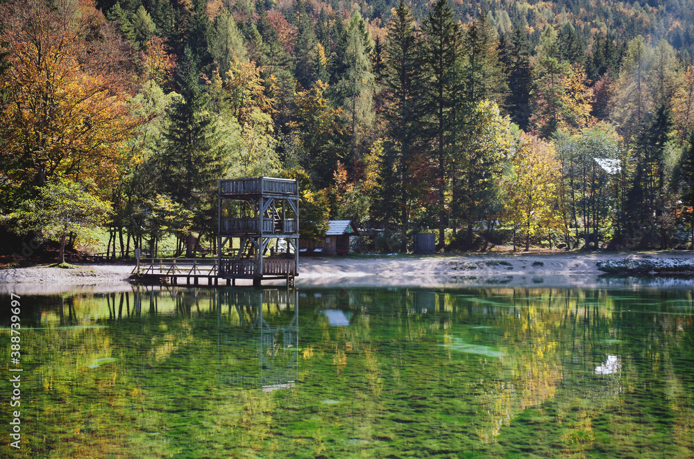Fototapeta premium Autumn alps forest in day light reflected in calm green waters of lake.