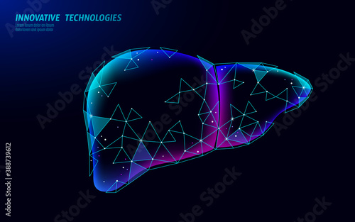 3D medicine liver medical treatment. Hepatitis warning medical therapy digestive protect drug concept. Low poly vector illustration.