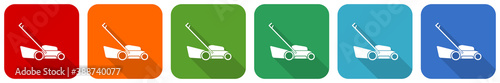 Lawn mower icon set, flat design vector illustration in 6 colors options for webdesign and mobile applications