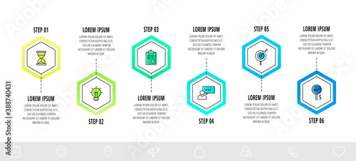 Vector infographic hexagons with 6 steps. Flat template can be used for diagram, web, banner, workflow layout, presentations, flowchart, info graph, timeline, content