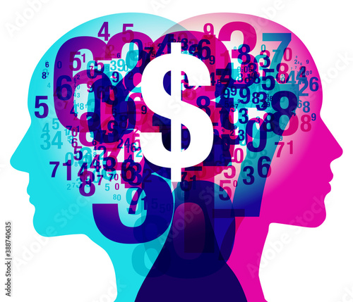 A male and female side silhouette positioned back to back, overlaid with various sized semi-transparent numbers. Overlaid across the centre is a white “Dollar” currency symbol.