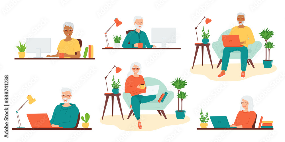 Set seniors gray-haired men and women sitting with a laptop, computer. Concept of using modern technologies by the elderly, retirees. Remote work from home, retraining, e-learning. Vector illustration Set seniors gray-haired men and women sitting with a laptop, computer. Concept of using modern technologies by the elderly, retirees. Remote work from home, retraining, e-learning. Vector illustration