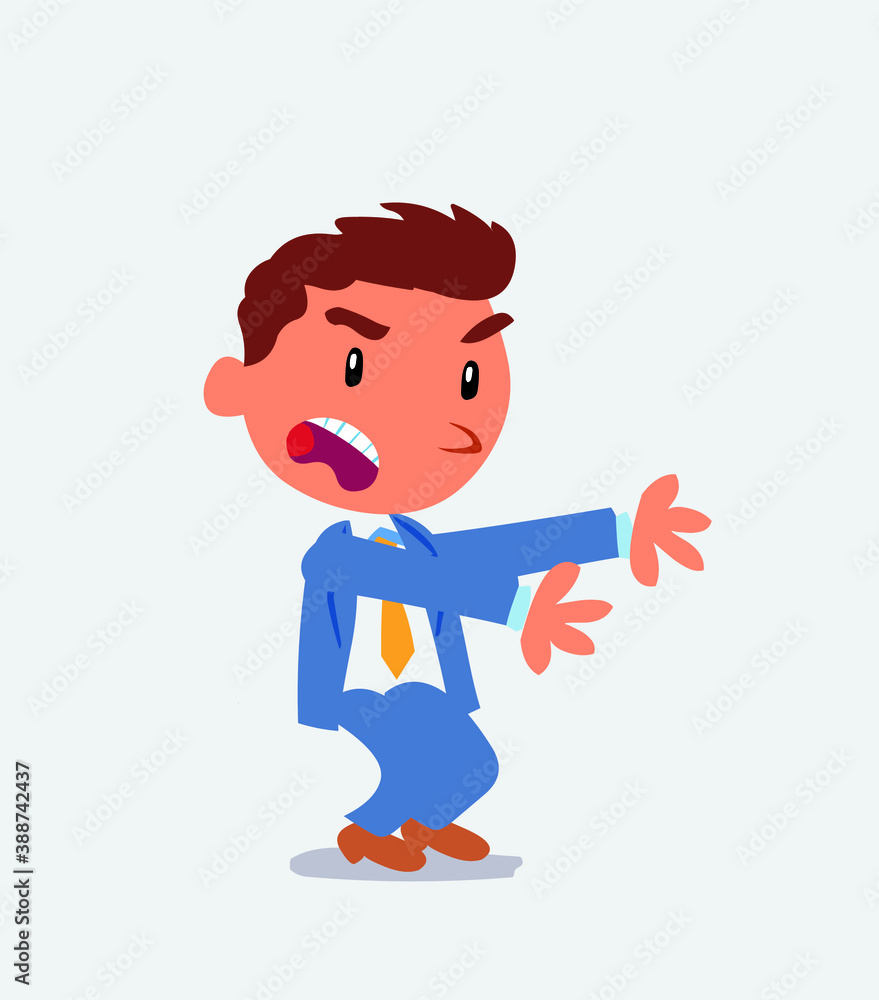 Very angry cartoon character of businessman pointing at something at side