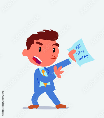 cartoon character of businessman arguing effusively with document in hand