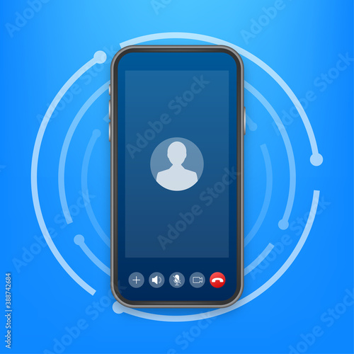 Incoming video call on laptop. Laptop with incoming call, man profile picture and accept decline buttons. Vector stock illustration.