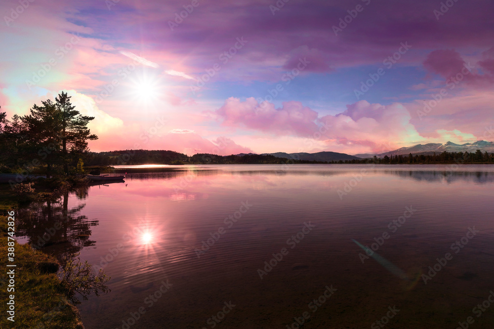 lake at sunset with reflections in norway lake at sunset with reflections in norway