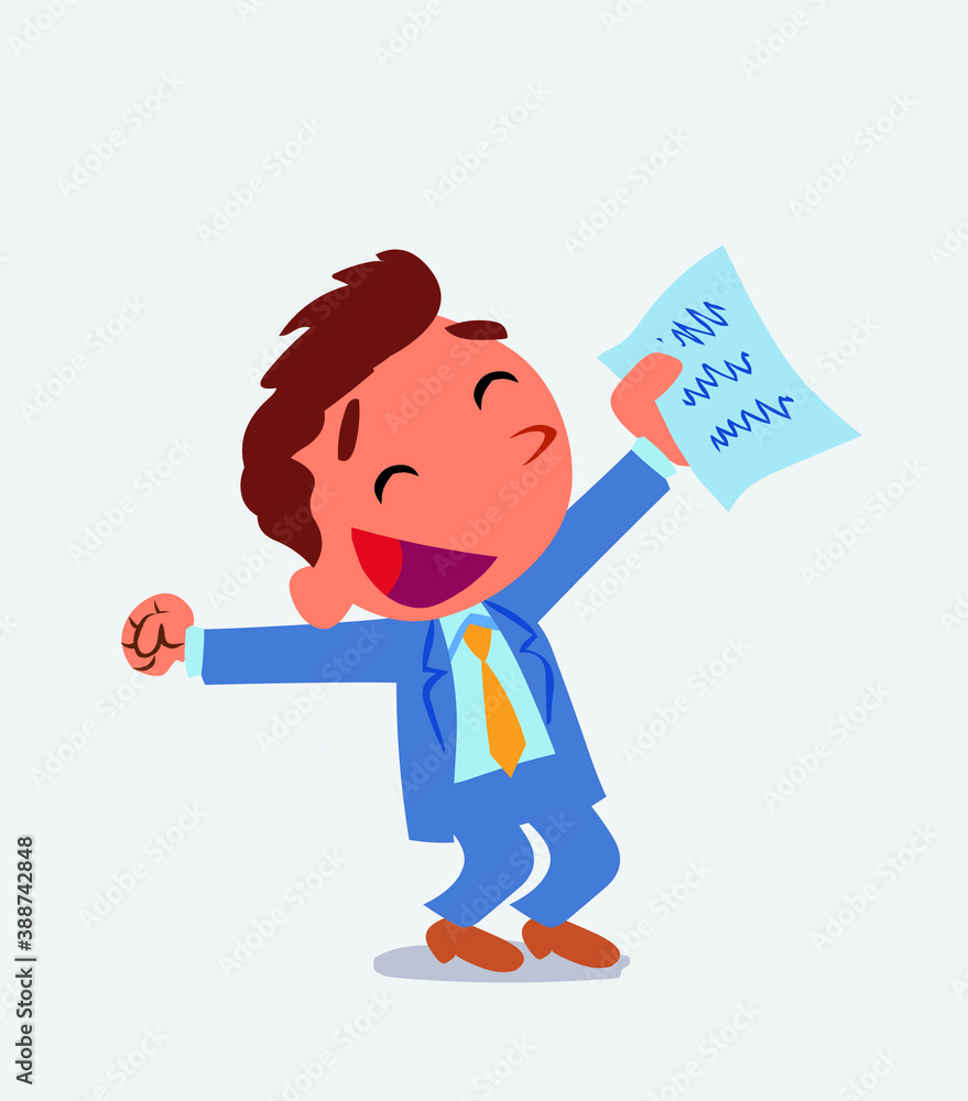 euphoric cartoon character of businessman raises his arms with document in hand.