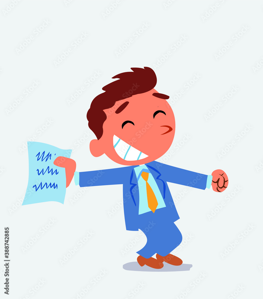 happy cartoon character of businessman rejoices with document in hand.