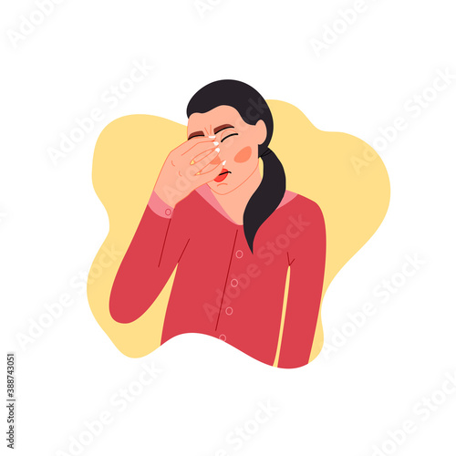 Isolated on white woman suffering from red eye symptom vector illustration. Allergic reaction, stress, lack of sleep  design element. Medical ophthalmic symptom in cartoon style. Eye care.