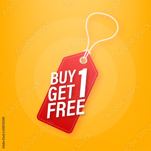Buy 1 Get 1 Free, sale tag, banner design template. Vector stock illustration.
