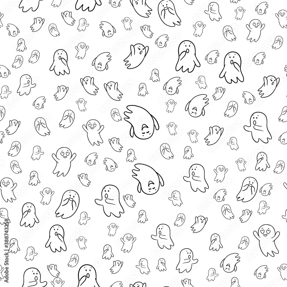 Halloween background. Seamless pattern of cute cartoon ghosts with different faces. Halloween background. Seamless pattern of cute cartoon ghosts with different faces.
