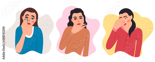 Isolated on white woman suffering from red eye symptom vector illustration. Allergic reaction, stress, lack of sleep  design element. Medical ophthalmic symptom in cartoon style. Eye care.