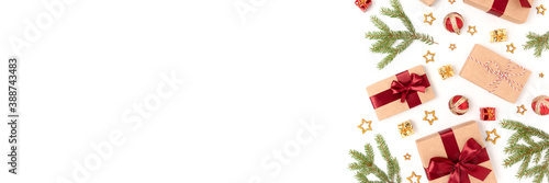 Banner with Christmas gifts and toys on a white background. Festive concept with place for your design.