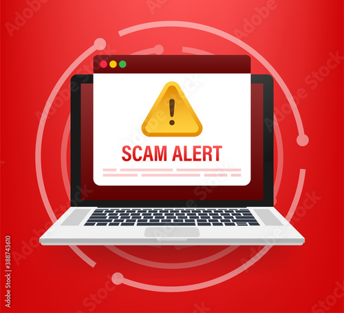 Scam alert. Hacker attack and web security vector concept, phishing scam. Network and internet security. Vector illustration.