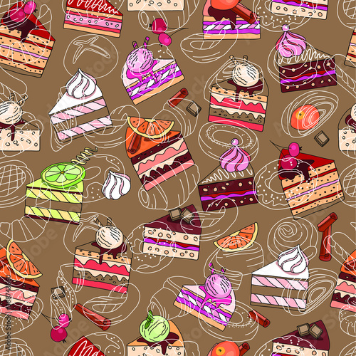 Seamless pattern with cakes. Different taste and color.