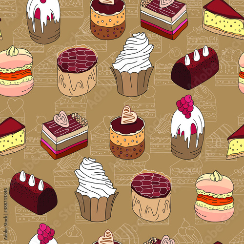 Seamless pattern with cakes. Different taste and color.