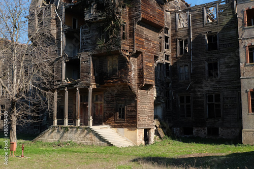 Abandoned building. Old house. Old wooden mansion from Prince's Islands in Istanbul. Shabby deck's on building. Sadness. Old age