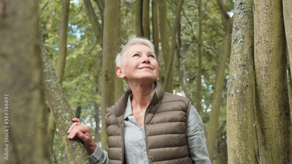Slow motion medium POV shot of elderly short-haired Caucasian woman standing resting on tree trunks in park looking in sky smiling on camera Slow motion medium POV shot of elderly short-haired Caucasian woman standing resting on tree trunks in park looking in sky smiling on camera