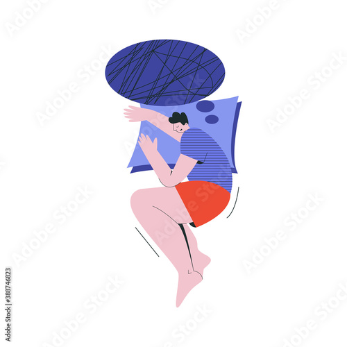 Bad night sleep concept. Sleeping discomfort, insomnia, nightmire, disturbed.  Man awake in stress. Night terrors. Adult thoughts in a dream, thinking about work  flat vector illustration 