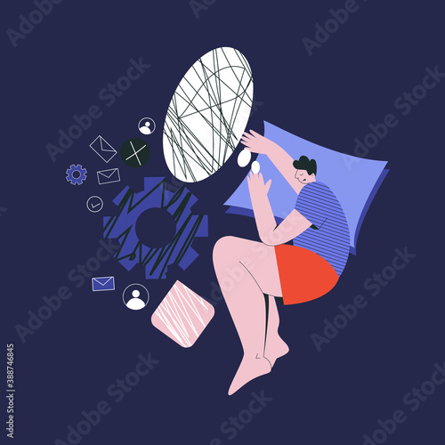 Bad night sleep concept. Sleeping discomfort, insomnia, nightmire, disturbed.  Man awake in stress, office character night. Adult thoughts in a dream, thinking about work  flat vector illustration 