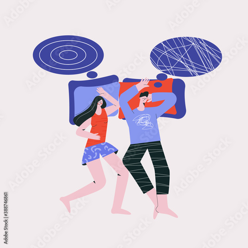 Bad night sleep concept. Sleeping discomfort, insomnia, nightmire, disturbed. Couple in bedroom, partners night terrors. Adult thoughts in dream, thinking about relationship flat vector illustration 