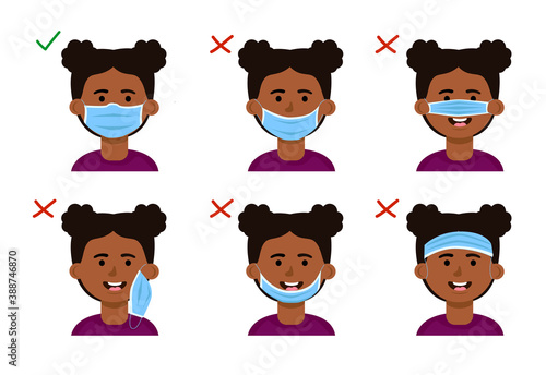 How wear mask correct. Instructions with a girl. Vector cartoon illustration.