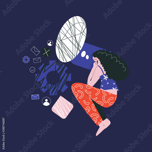 Bad night sleep concept. Sleeping discomfort, insomnia, nightmire, disturbed.  Woman awake in stress, office character night. Girl thoughts in a dream, thinking about work  flat vector illustration  photo