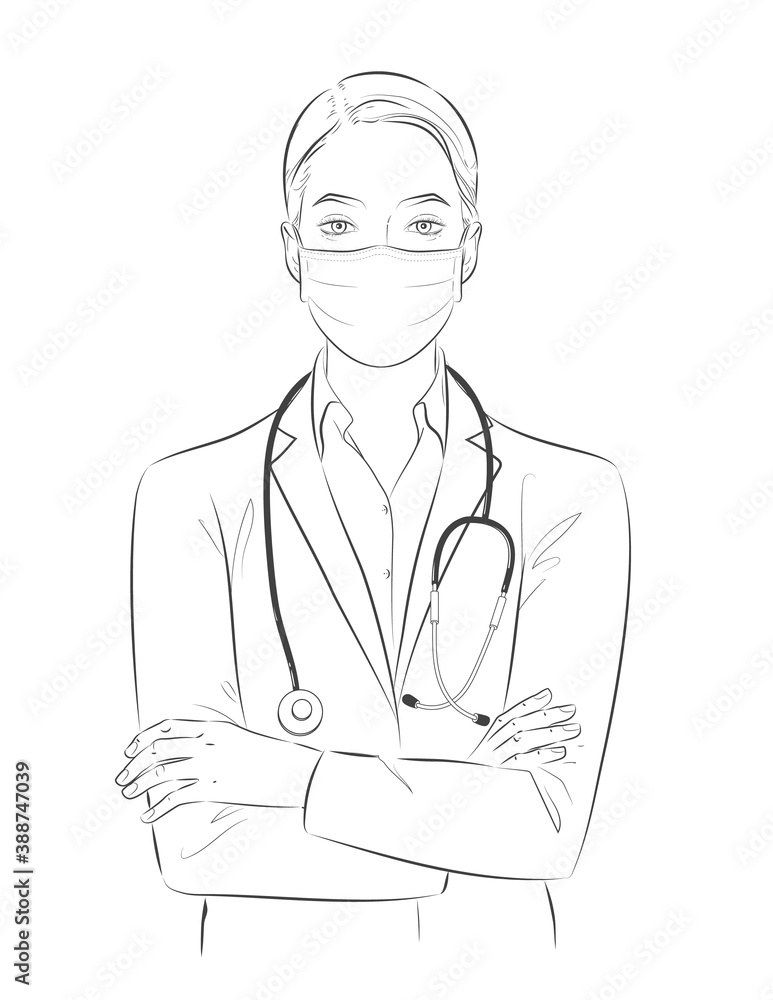 Portrait of Doctor with face mask, medical gloves crossed arms. Female nurse character wearing white coat, stethoscope, protective PPE. Vector sketch line illustration