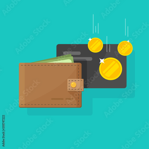 Leather wallet with money and credit card cash income vector, concept of earnings, success transactions flat cartoon modern design