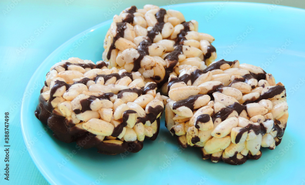 Puffed rice cakes with chocolate , Rice waffle. copy space Puffed rice cakes with chocolate , Rice waffle. copy space