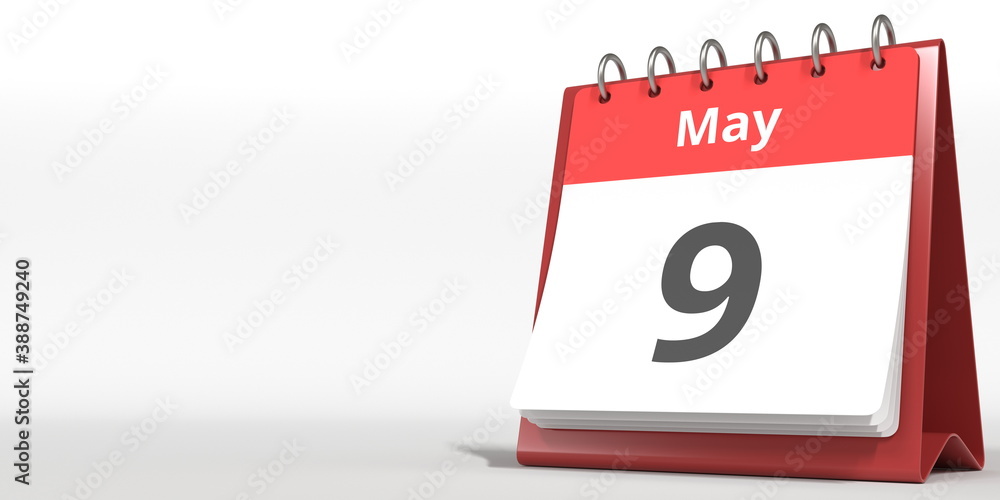 May 9 date on the flip calendar page, 3d rendering May 9 date on the flip calendar page, 3d rendering