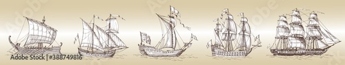 Old caravel, vintage sailboat. Hand drawn vector sketch. Detail of the old geographical maps of sea