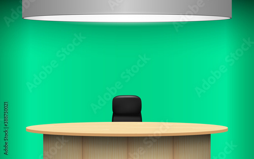 table and chair in news studio room with the green background