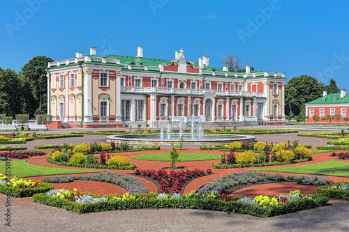 Kadriorg Palace and flower garden with fountain in Tallinn, Estonia. Kadriorg Palace is a Petrine Baroque palace built for Catherine I of Russia by Peter the Great in 1718-1727.