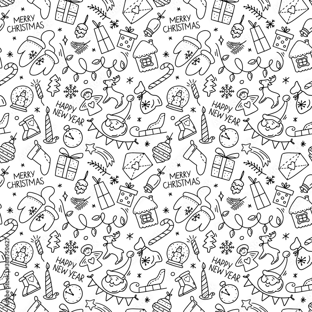 Hand drawn seamless pattern with  Merry Christmas element  bell, ball, candy, angel, snowman, tree, fire in doodle style. Vector outline illustration. Design for textile , wrapping, coloring pages