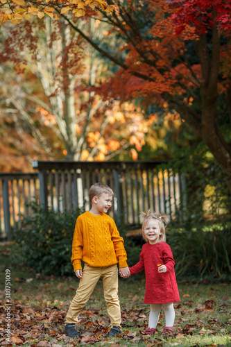 Two children are walking in the autumn park. A happy family.