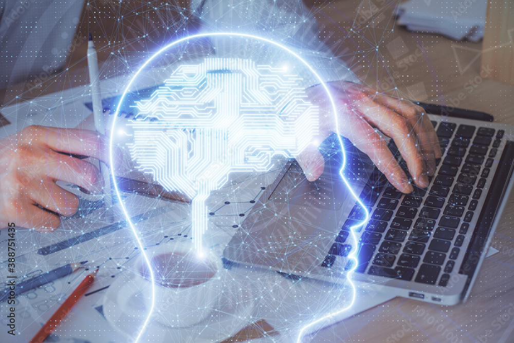Businessman with computer background with brain theme hologram. Concept of brainstorm. Multi exposure. Businessman with computer background with brain theme hologram. Concept of brainstorm. Multi exposure.