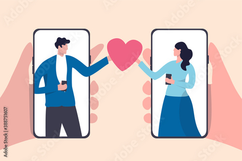 Online dating mobile application, using digital dating service to find lover or relationship concept, young couple millennial man and woman using smart phone application and holding romantic heart.